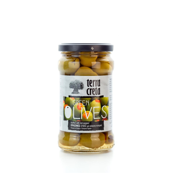Griechische grüne Oliven mit roter Paprika Terra Creta im Glas 315 ml