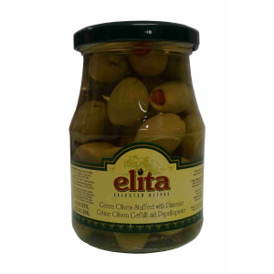 Oliven grün gefüllt mit Paprika (370g Glas) Elita