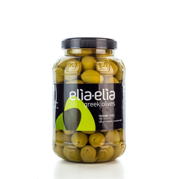 Grüne griechische Chalkidiki Oliven Super Mammut im PET-Fass 1 KG von Elia-Elia