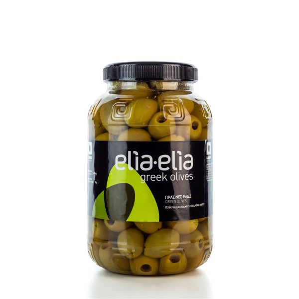 Grüne entkernte griechische Chalkidiki Oliven Super Mammut in PET-Fass 1 KG von Elia-Elia