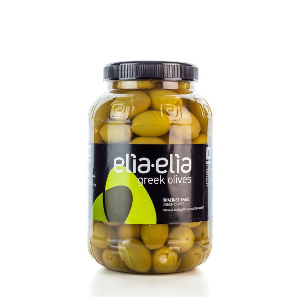 Grüne, mit Mandeln gefüllte griechische Chalkidiki Oliven Super Mammut im PET-Fass 1 KG von Elia-Elia