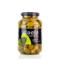 Grüne, mit Mandeln gefüllte griechische Chalkidiki Oliven Super Mammut im PET-Fass 1 KG von Elia-Elia