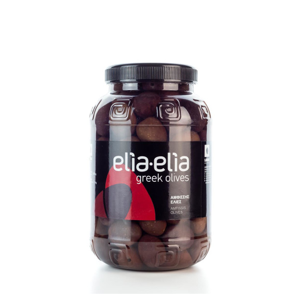 Schwarze, griechische Amfissa Oliven Mammut im PET-Fass 1 KG von Elia-Elia