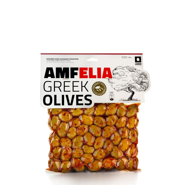 Grüne, scharfe griechische Chalkidiki Oliven vakuumiert (350 g) von Amfelia