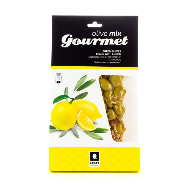 Griechische, grüne, mit Zitrone marinierte Chalkidiki Oliven vakuumiert (250 g) Oliven Mix Gourmet