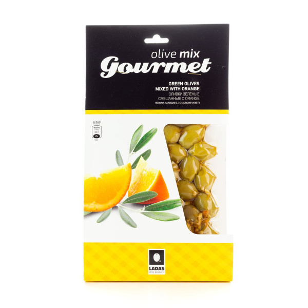 Grüne, mit Orange marinierte griechische Chalkidiki Oliven vakuumiert (250 g) Oliven Mix Gourmet