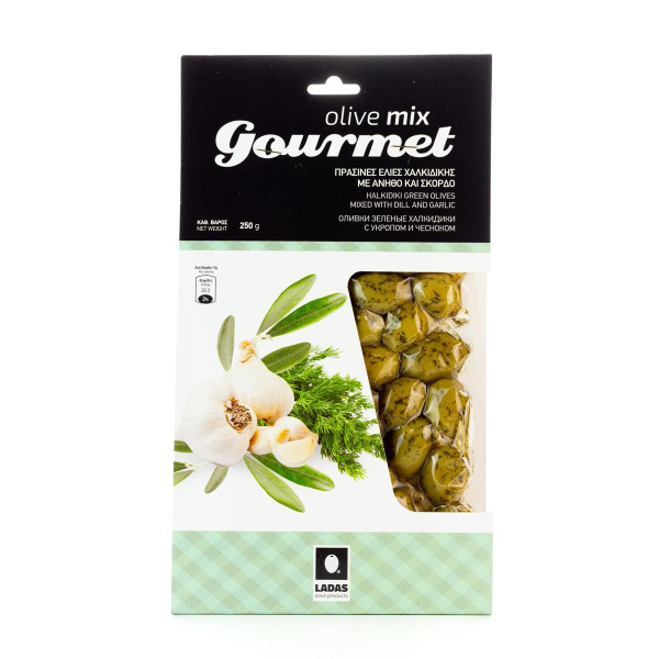 Grüne, mit Dill und Knoblauch marinierte, griechische Chalkidiki Oliven, vakuumiert (250 g) Oliven Mix Gourmet