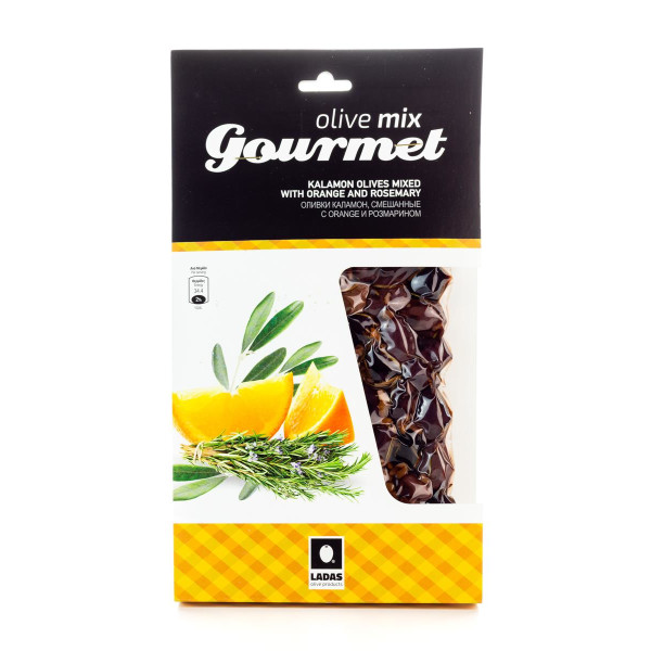 Mit Orange und Rosmarin marinierte, griechische Kalamata Oliven, vakuumiert (250 g) Oliven Mix Gourmet