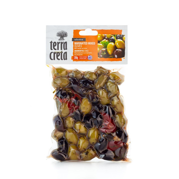 Griechische Oliven gemischt Terra Creta selection vakuumiert mit Orange & Kräutern 250g