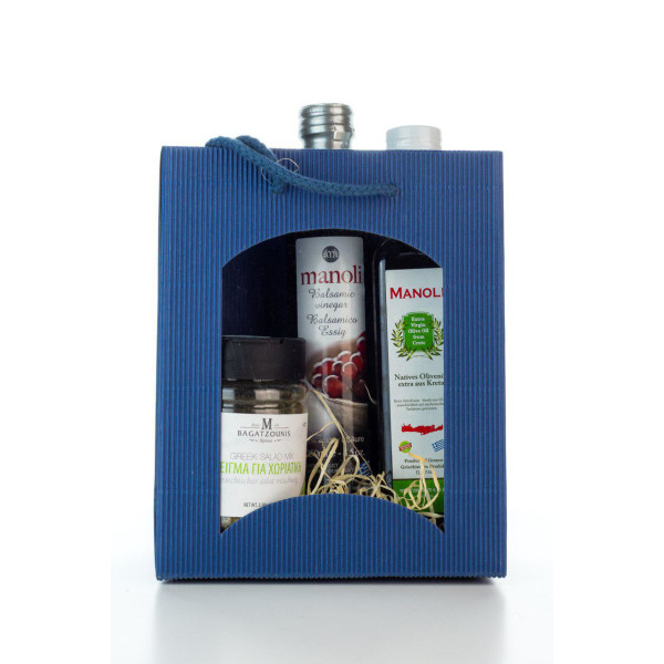 Geschenk-Set griechischer Salat mit Olivenöl, Balsamico-Essig und Gewürzmischung aus Griechenland