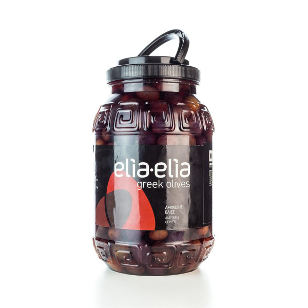 Elia-Elia Amfissa schwarze Oliven Extra Jumbo im Kunststoff-Fass (Pet 2 KG)