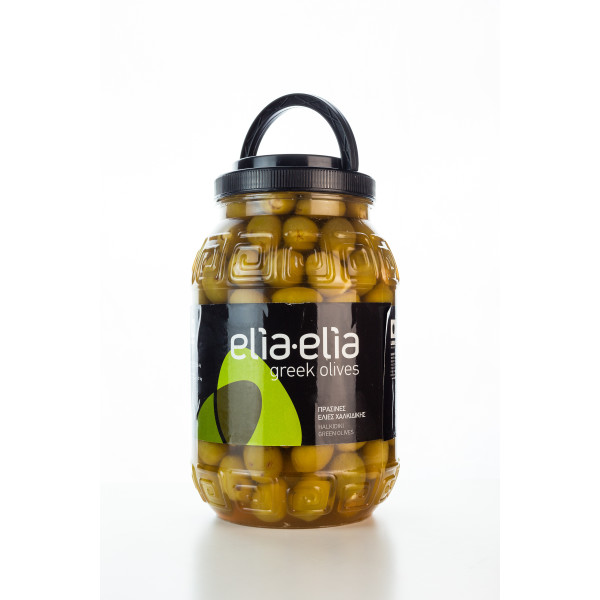 Elia-Elia Chalkidiki grüne Oliven Super Mammuth gefüllt mit Knoblauch im Kunststoff-Fass (Pet 2 KG)