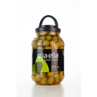 Elia-Elia Chalkidiki grüne Oliven Super Mammuth gefüllt mit Knoblauch im Kunststoff-Fass (Pet 2 KG)