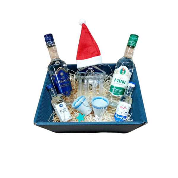 Ouzo Probier Geschenk Körbchen mit 2 Pinnchen im Set