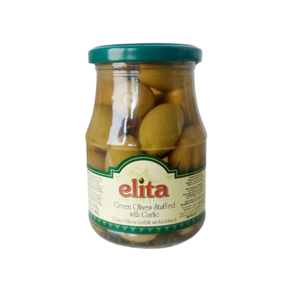 Oliven grün gefüllt mit Knoblauch (370g Glas) Elita
