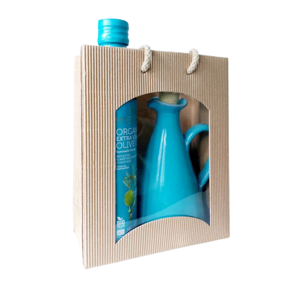 Geschenk Tasche Olivenöl mit Keramik Kanne türkis